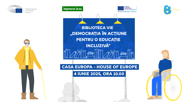 Afiș de promovare a bibliotecii vii intitulate „Democrația în acțiune pentru o educație incluzivă”